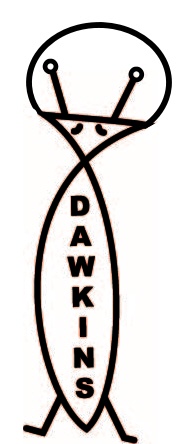 an Icthus fish symbol stood on end and turned into an alien with Dawkins name on it